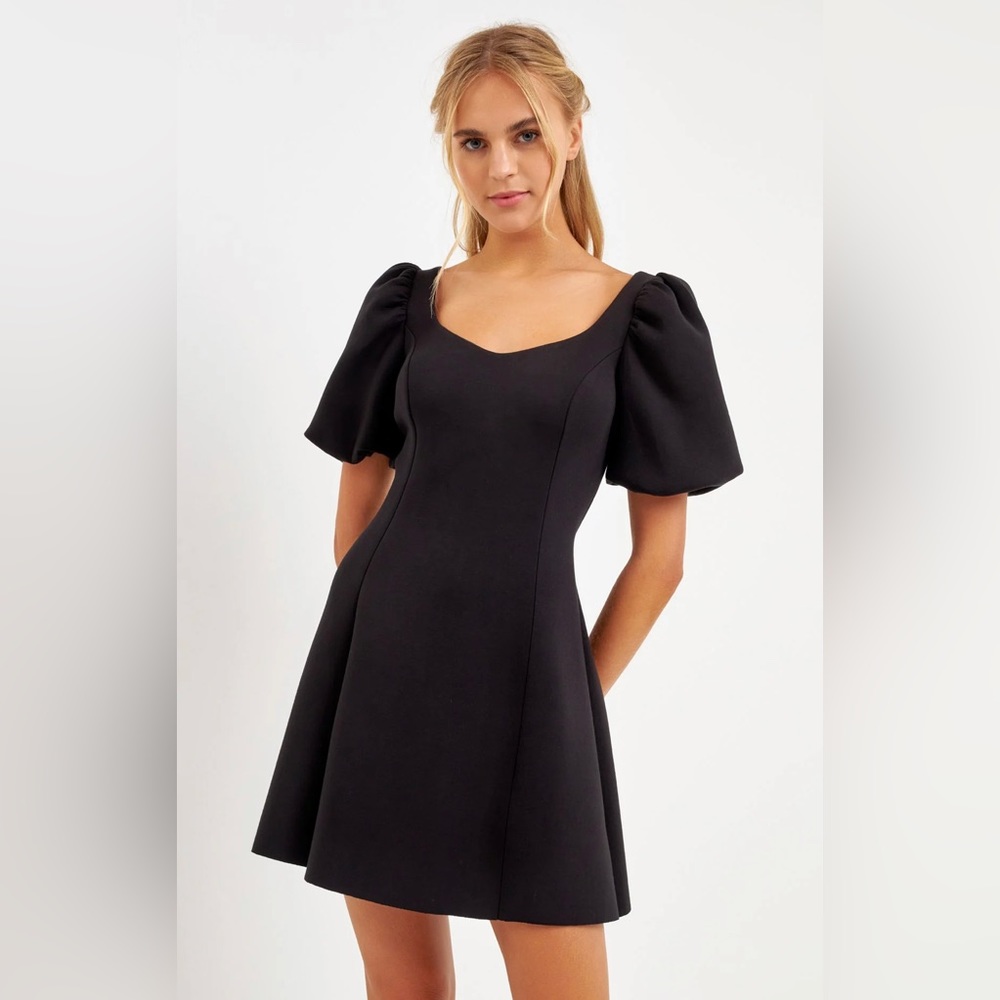 English factory black puff sleeve mini dress